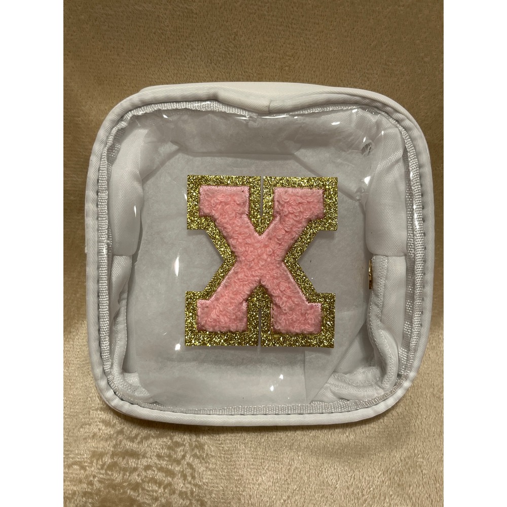 White Clear Travel Pouch with Pink & Gold Glitter Letter X Patch